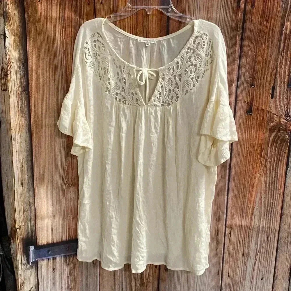 Maurices Cream Boho Crochet Yoke Peasant Blouse